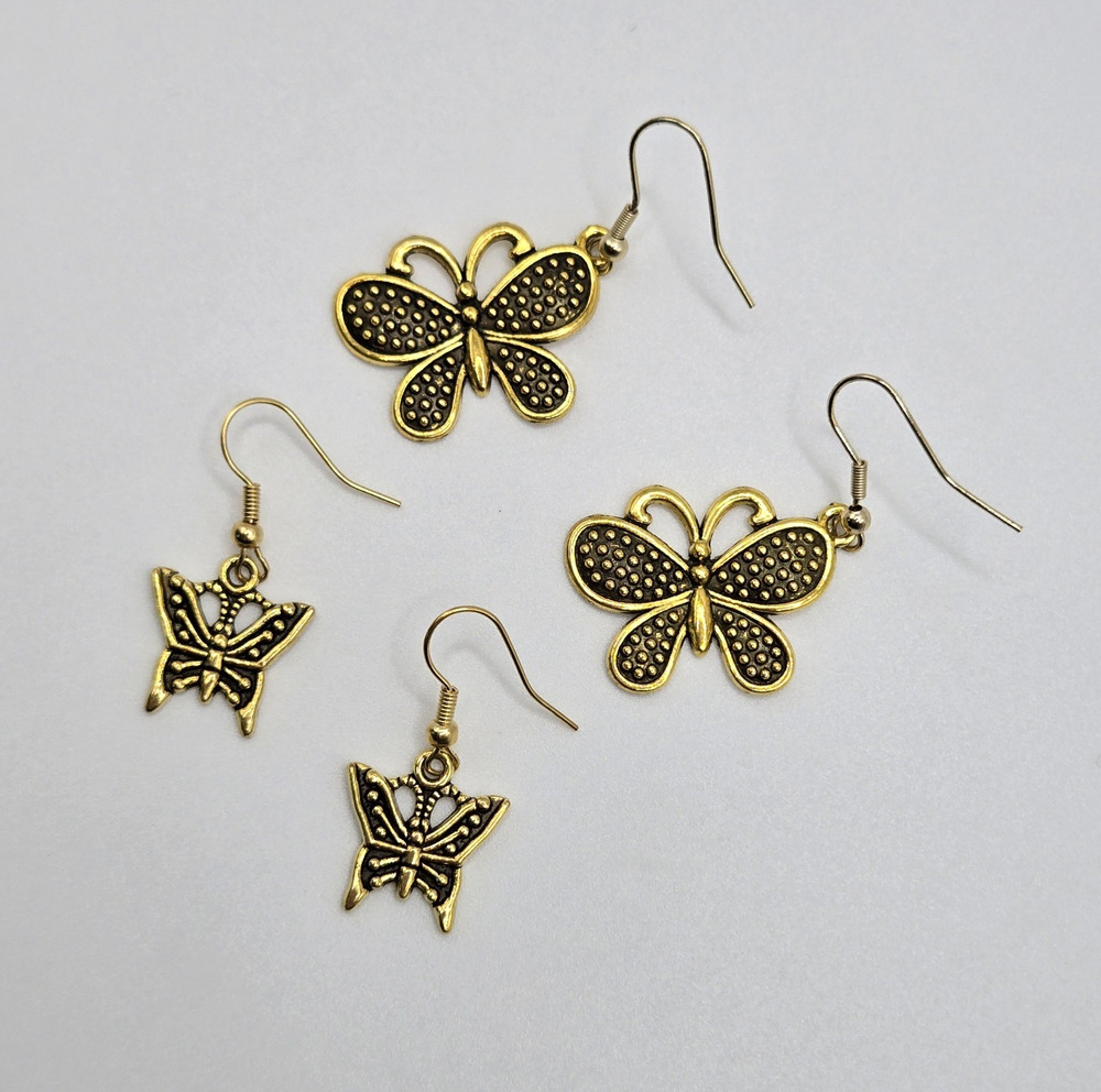 Butterfly Earrings Goldtone Pierced Dangle Textured Cute Whimsy Nature Pair Of 2